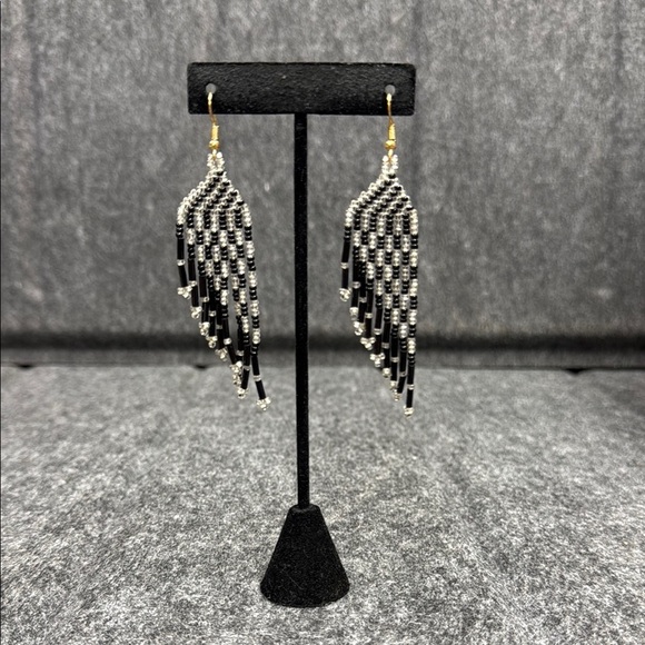 Black and Silver Geometric Drop Earrings - Picture 1 of 3